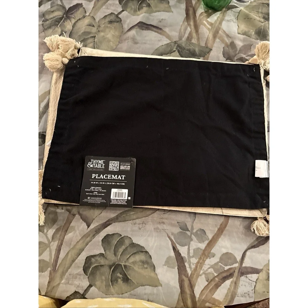 Thyme & Table Black Beige Cotton Metallic Rectangular Placemats 14x19in Set of 3
